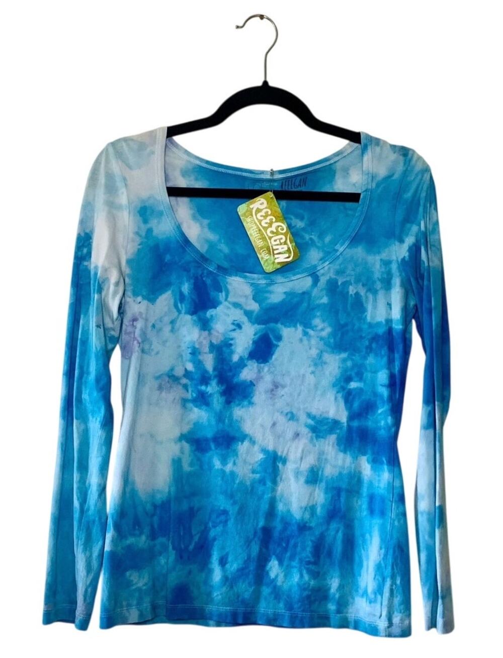 Hand Ice Dyed Long Sleeve T-Shirt Blue Marbled Watercolor Medium